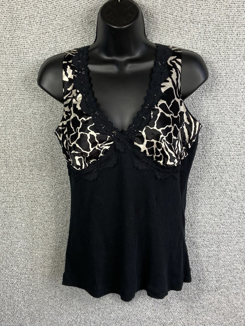 Bisou Bisou Y2K Sleeveless Babydoll Top Women’s Animal Print Satin & Lace Size L